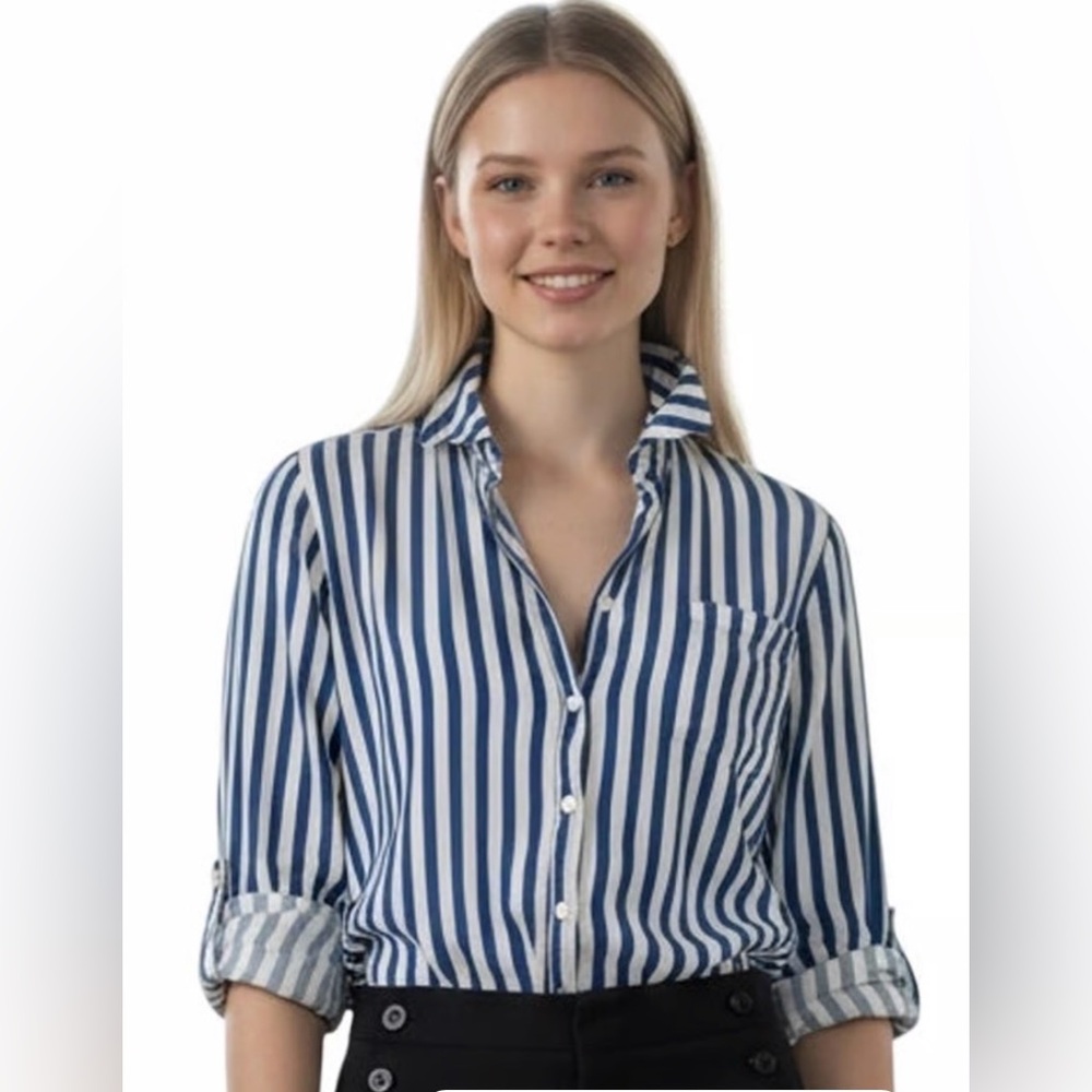 Jane + Delancey Button Down Shirt Small Striped Blue & White Roll Tab Sleeves